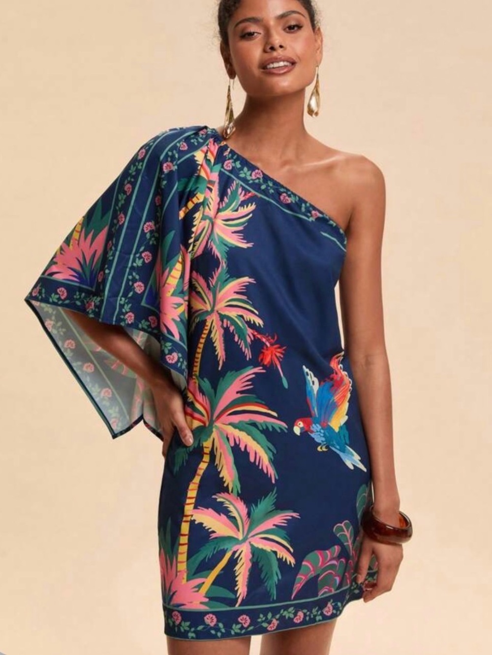 Tropical Print Asymmetrical Shoulder Mini Dress palm tree parrot